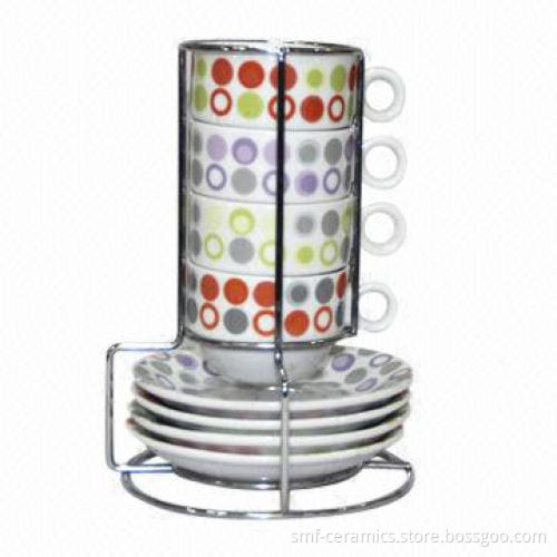 80cc Porcelain Cups and Saucers with Iron Stand Pack, Dishwasher and Microwave Safe